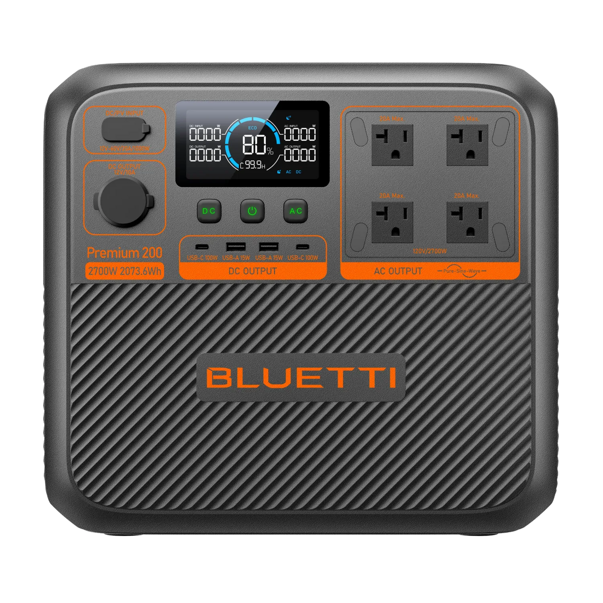 BLUETTI Premium 200 V2 Portable Power Station front view with display and outlets