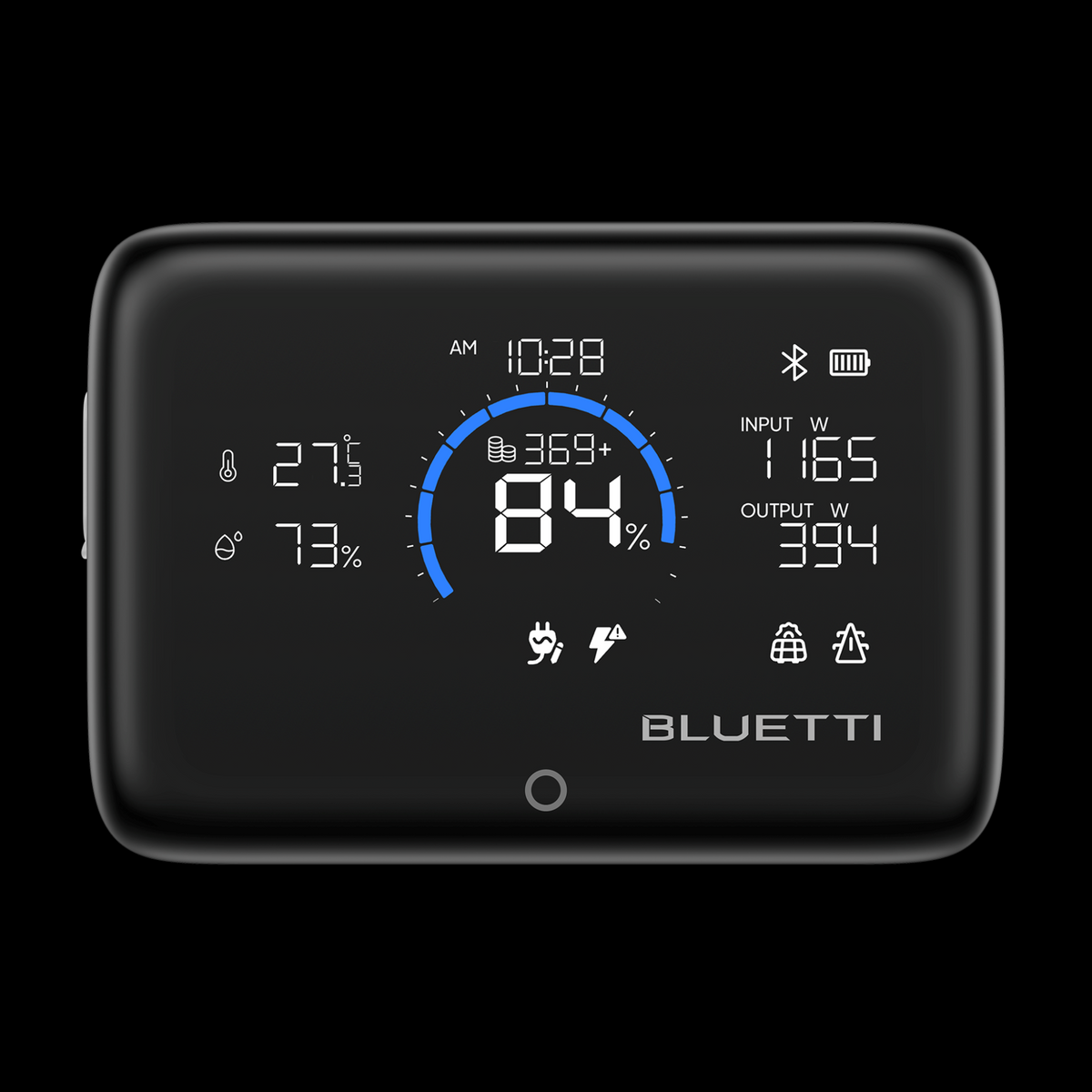 BLUETTI Display 1 magnetic screen showing battery, temperature, and power stats