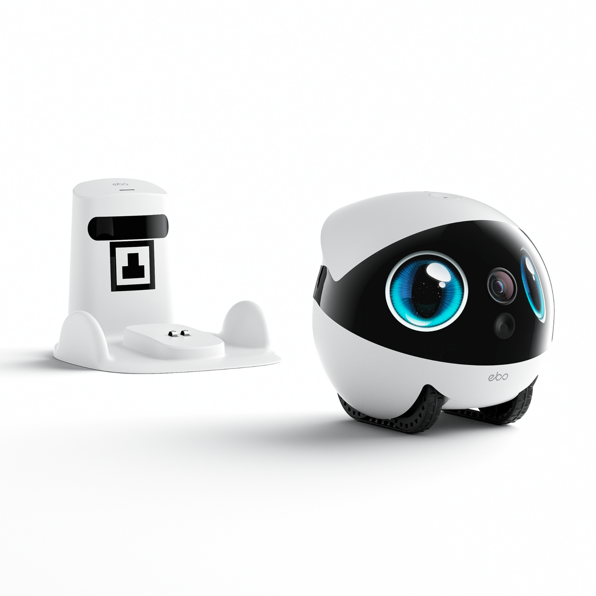 Enabot EBO Air 2S robot three-quarter view with charging dock
