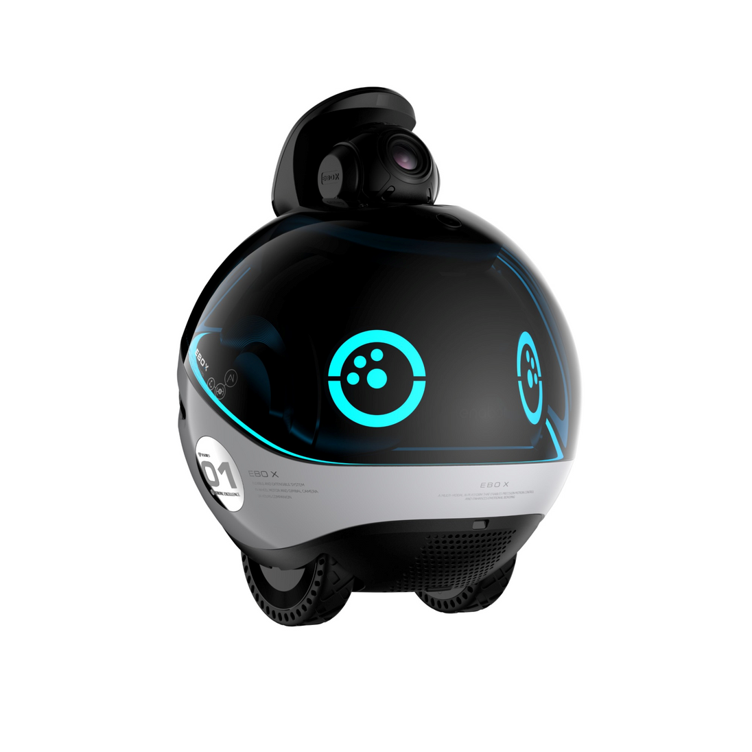 Enabot EBO X robot three-quarter view with camera raised
