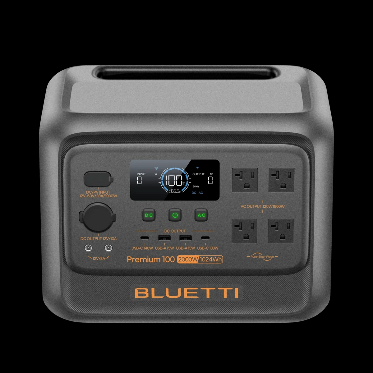 BLUETTI Premium 100 V2 Portable Power Station front view with US NEMA outlets