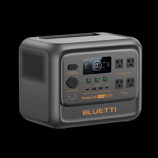 BLUETTI Premium 100 V2 Portable Power Station angled view with US NEMA outlets