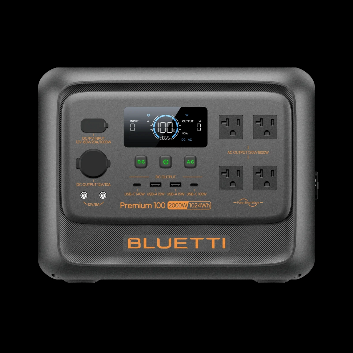 BLUETTI Premium 100 V2 Portable Power Station straight-on front view with US NEMA outlets