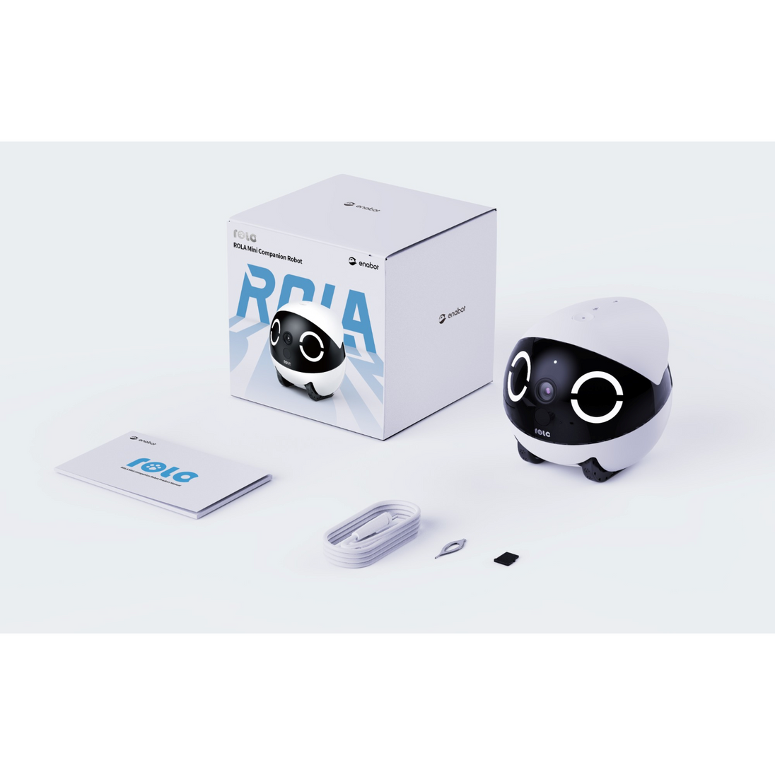 Enabot ROLA Mini what's in the box: robot, box, manual, USB-C cable, pin, microSD card