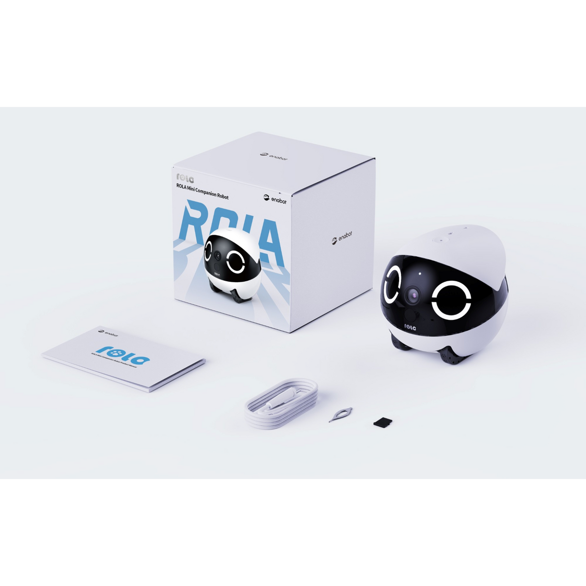 Enabot ROLA Mini what's in the box: robot, box, manual, USB-C cable, pin, microSD card