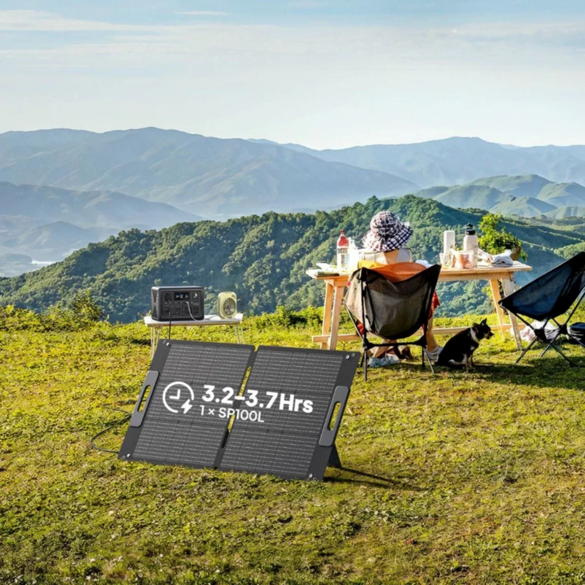 BLUETTI SP100L solar panel charging a power station outdoors