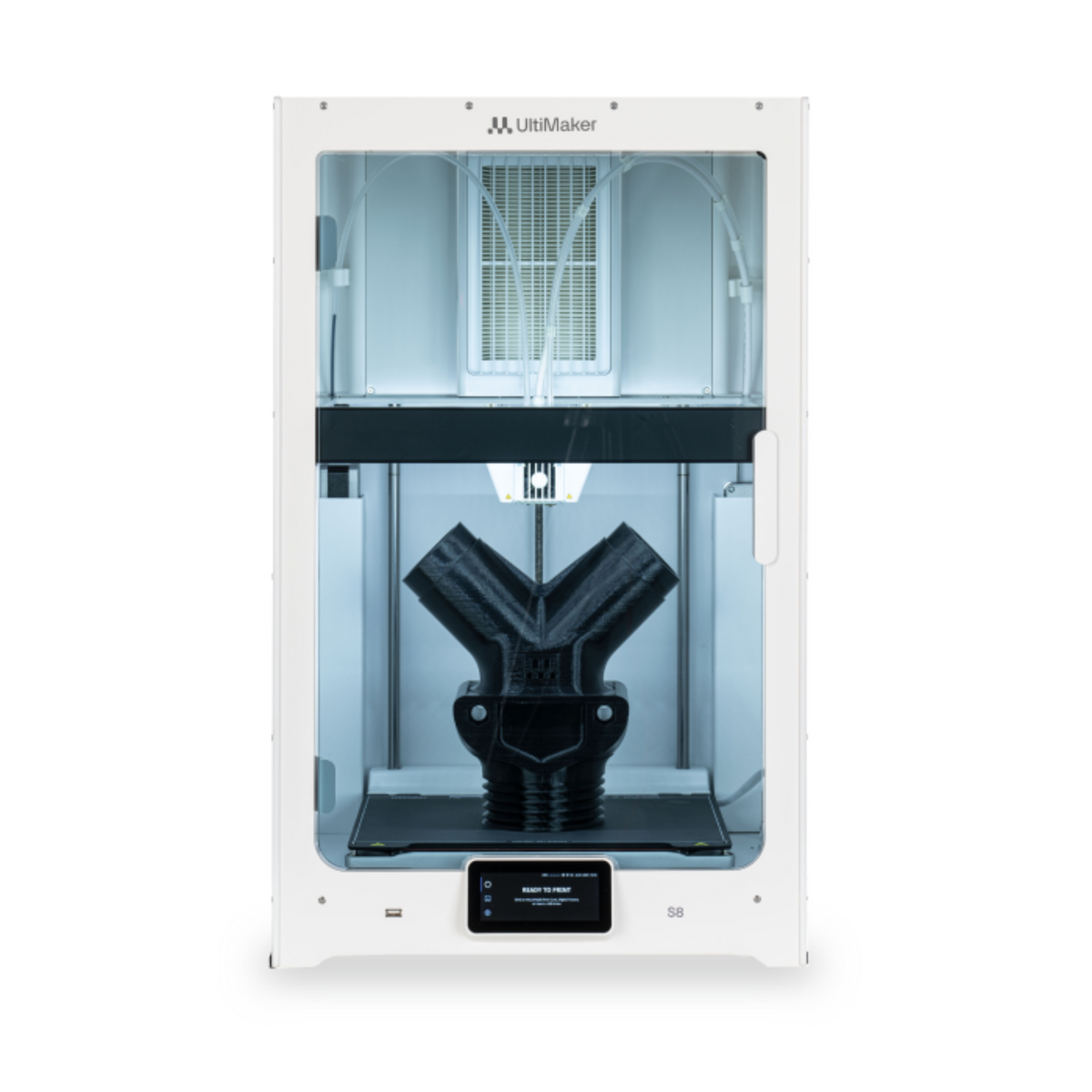 UltiMaker S8 3D Printer front view with printed part on build plate